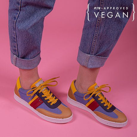 VIVACE vegan and recycled sneaker in cognac, blue jean and yellow