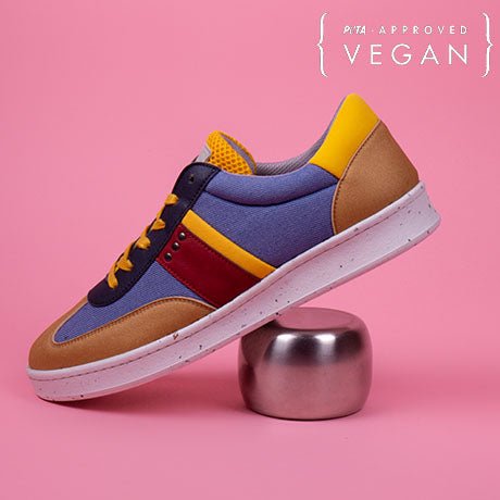 Baskets vegan et recyclées VIVACE en cognac, blue jean et jaune