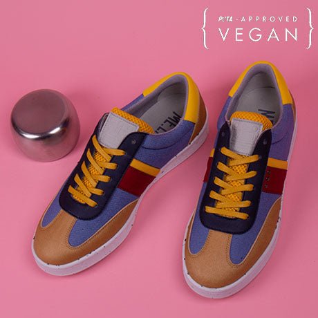 ME.LAND VIVACE vegan and recycled sneaker in cognac, blue jean and yellow above